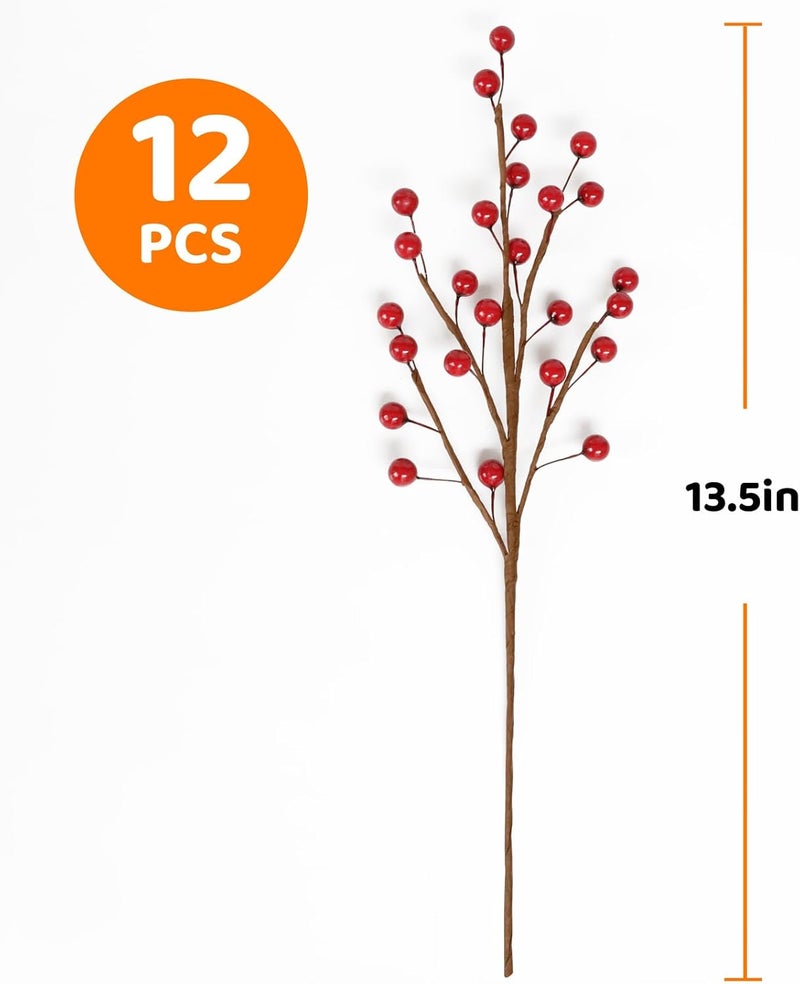 TIDALJAM 12pcs13.5" Red Holly Berry Stems for Christmas Tree, Faux Greenery Picks and Sprays as Holiday Decorations, Berry Garland Planter Filler Branches for Evergreen Outdoor Planters,Christmas Décor with - Image 2